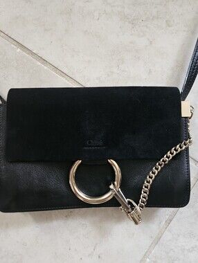 Black Leather and Suede Faye Crossbody Bag with Gold Ring